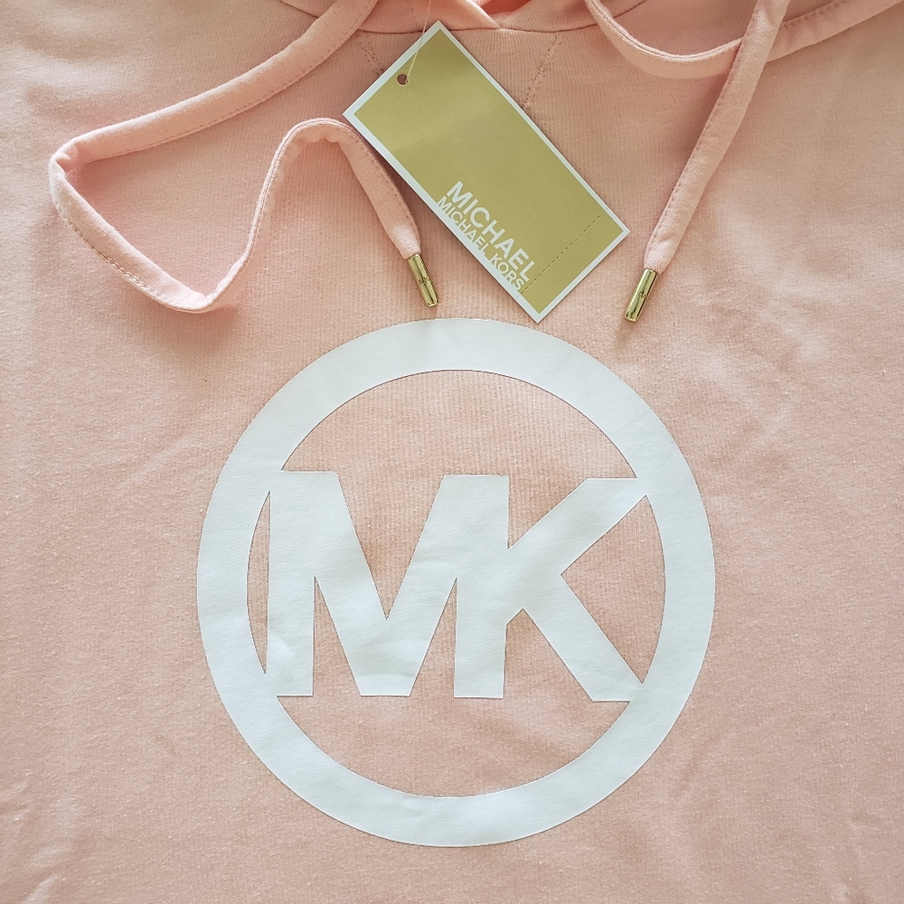 MICHAEL KORS Short Sleeve Dusty Coral Logo Hooded Sweatshirt--NWT--L - Picture 9 of 16